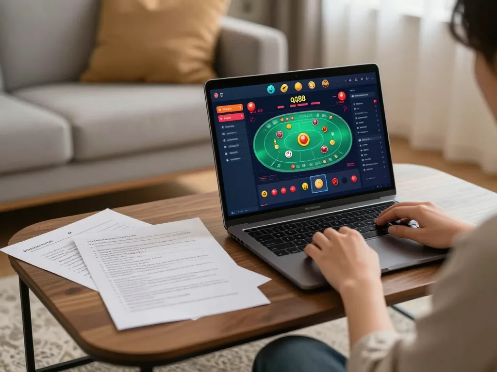 Engaged player exploring qq88 online gaming interface with notes and strategy tips