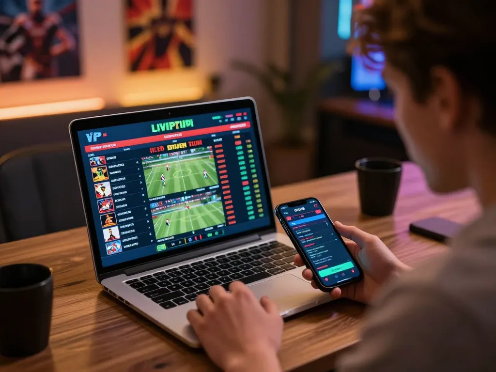 Engaged user enjoying vipwin sports betting experience on a laptop and smartphone.