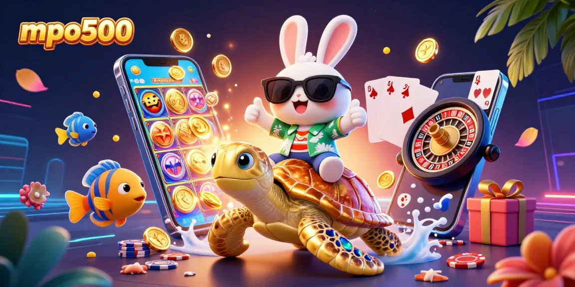 Catch exciting wins at mpo500 with a vibrant 3D illustration of a lucky rabbit and golden turtle.