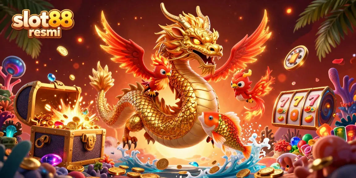 Rasakan slot88 resmi dengan naga dan phoenix yang menawan dalam adegan kasino digital 3D yang hidup.