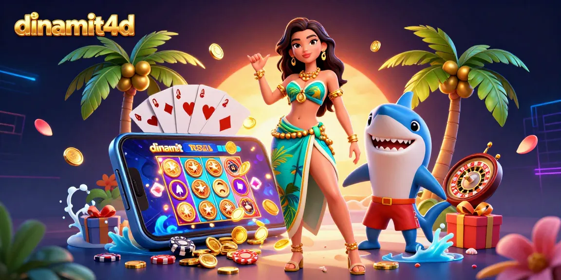 Spin and win with dinamit4d as a glamorous woman and surfer shark celebrate in a vibrant casino scene.