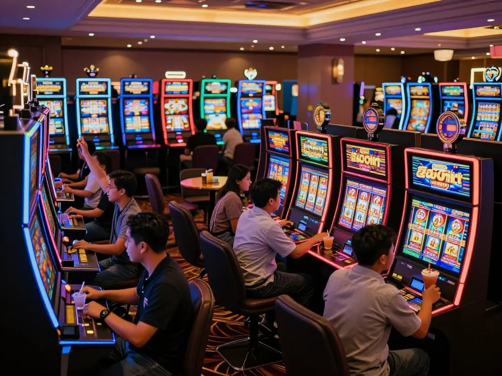 Players enjoying a vibrant slot gacor hari ini experience with colorful machines and celebratory wins.