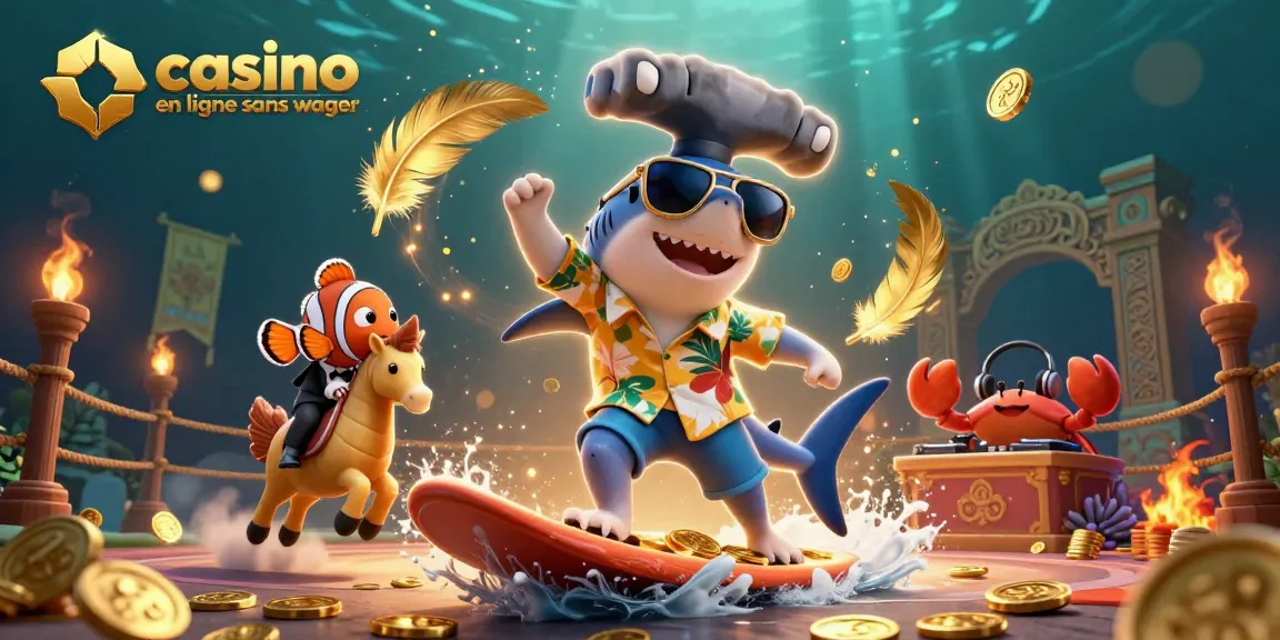 Rejoignez l'excitation des casinos en ligne sans wager alors qu'un requin surfe sur des pièces d'or.