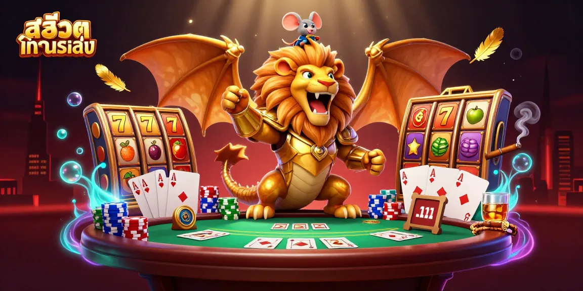 Engage with สล็อตทดลองเล่น in this vibrant casino scene featuring a chimera and slot symbols.