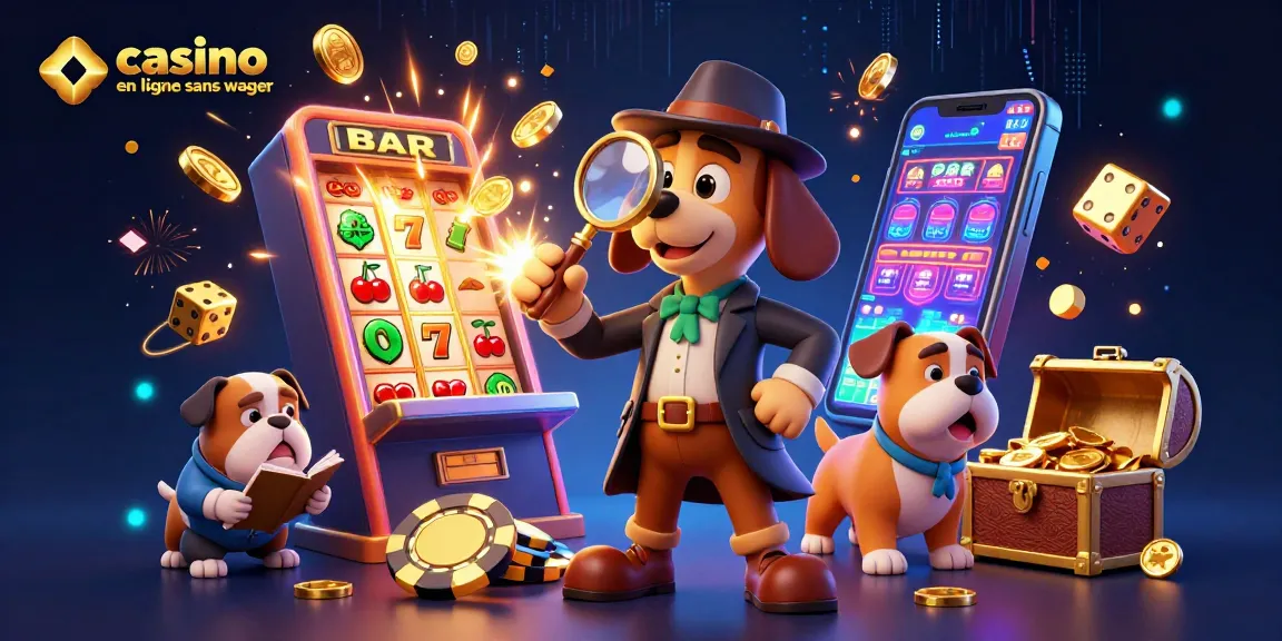 Plongez dans le monde vibrant du casino en ligne sans wager, où un détective de dessin animé enquête sur des indices de poker au milieu d'un tourbillon d'éléments de jeu colorés.