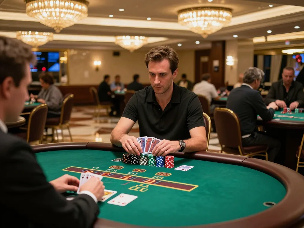 Player calculates odds at BUKA77 blackjack table with elegant casino ambiance and professional dealer.