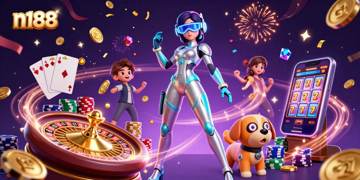 Experience thrilling casino action at n188 with stunning visuals of games, excitement, and vibrant characters.