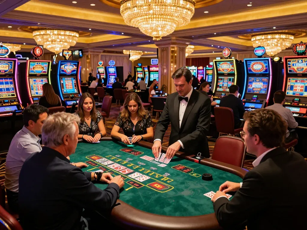 CEMESLOT players engaging in an intense blackjack game at a luxurious casino, showcasing strategic betting.