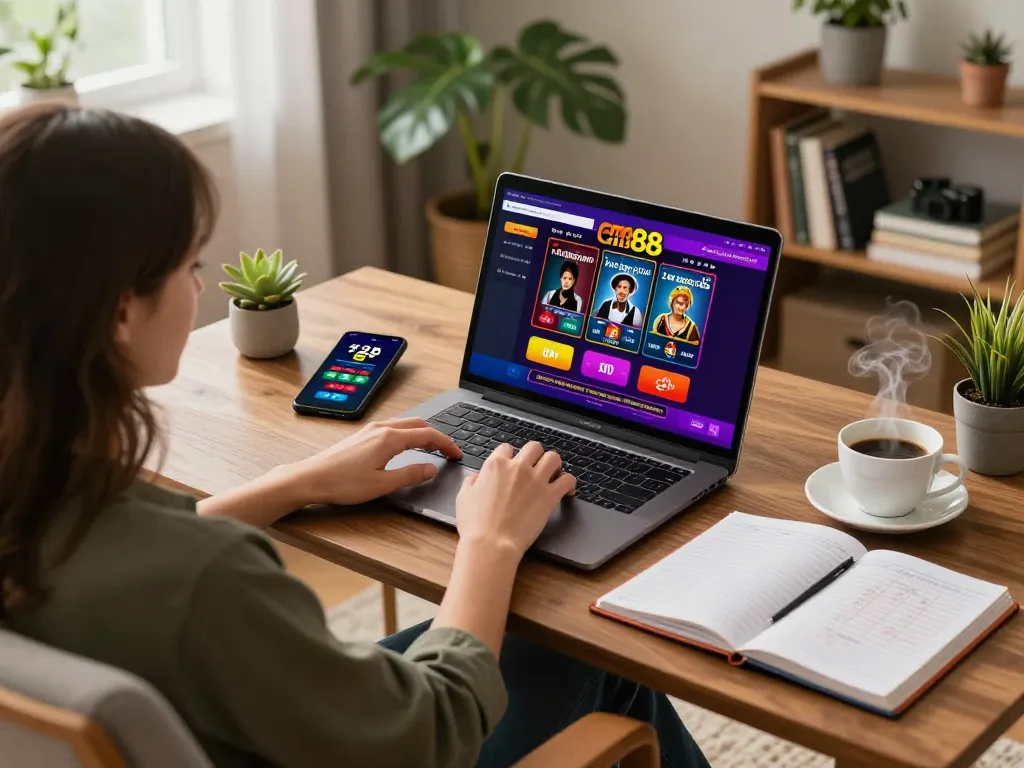 Player engaging in cm88game's online casino while enjoying a strategic betting session at home