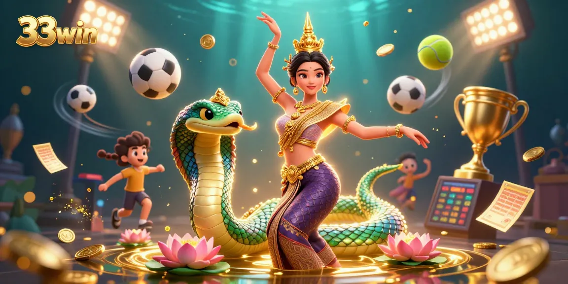 Engage in thrilling online gambling experiences with 33win's vibrant scene featuring a Thai dancer and sports elements.