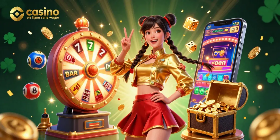 Interagissez avec le casino en ligne sans wager à travers une illustration 3D vibrante d'une femme asiatique joyeuse entourée d'éléments de jeu dynamiques.