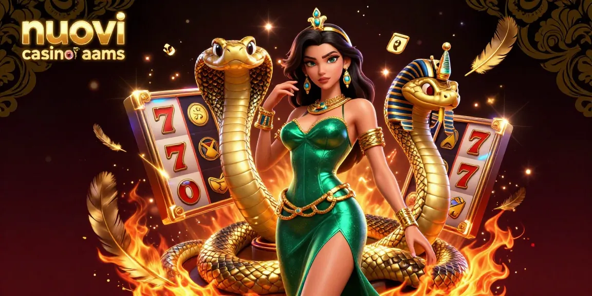 Vivi l'emozione dei nuovi casinò non AAMS con una vibrante donna 3D, una cobra d'oro e elementi di giochi slot.