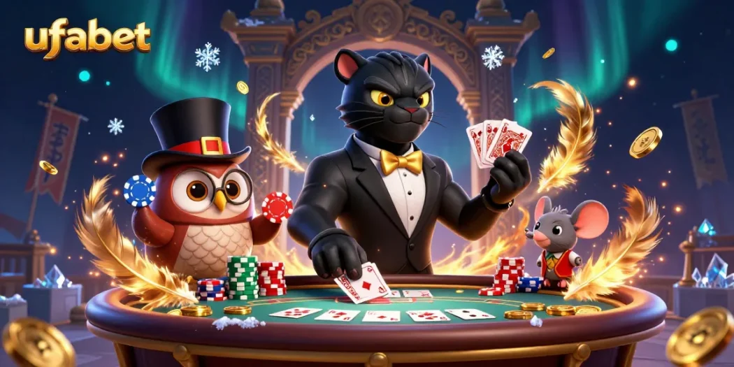 Engage with ufabet through a dynamic poker scene featuring a stylish panther dealer and vibrant casino elements.