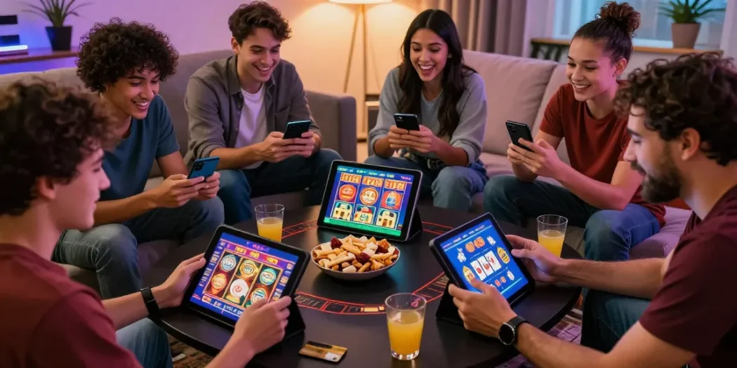 Friends enjoying gaming together at online casinos that accept credit cards in a cozy living room