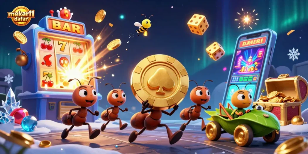 Engage in thrilling gameplay with mekar11 daftar at the slot machine, surrounded by dynamic characters.