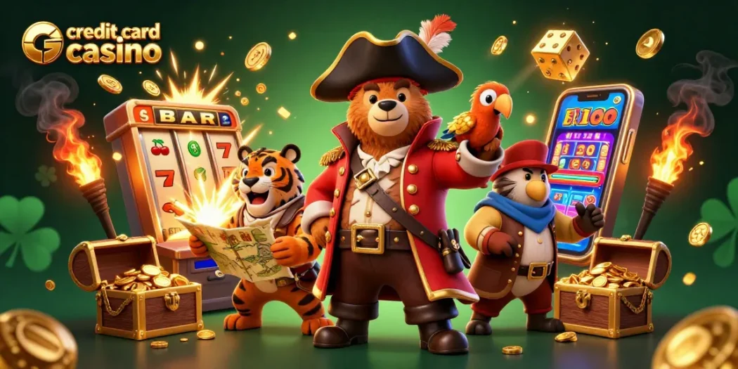 Engaging scene featuring a credit card casino with a bear captain, tiger first mate, and golden treasures.