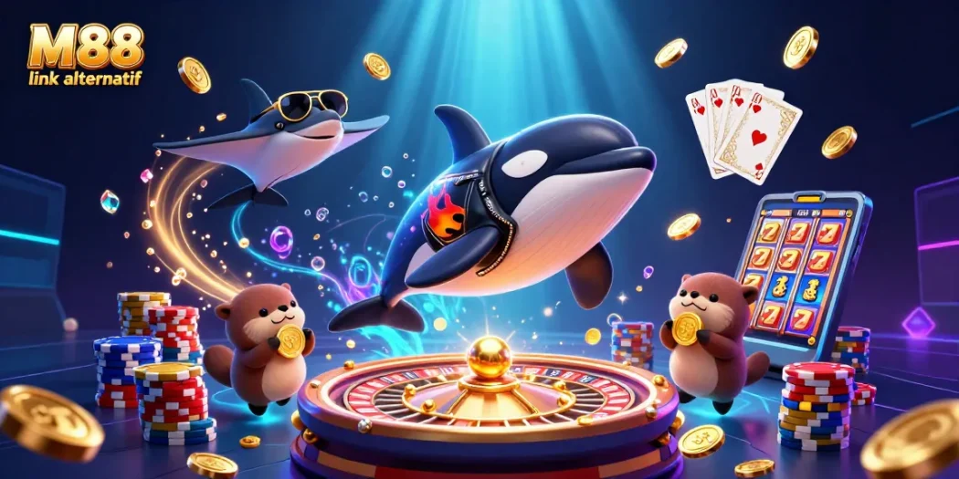 M88 link alternatif showcases a vibrant casino illustration featuring sea creatures and gold coins, perfect for engaging bettors.