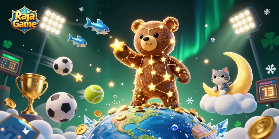 Win big with Raja Game as the constellation bear scoops coins under a starry sky with action-packed casino elements.