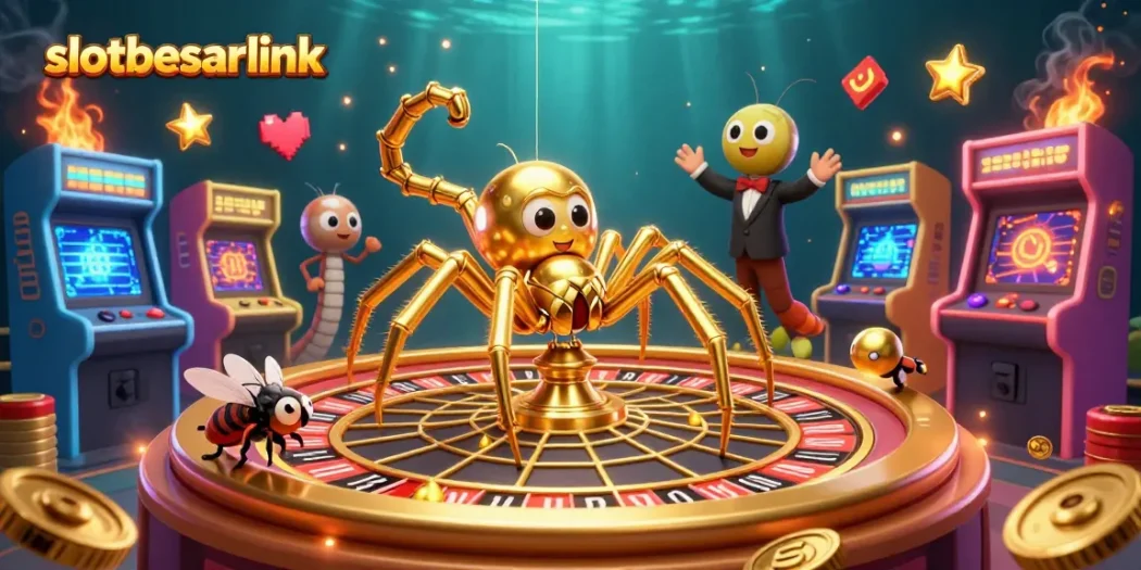 Engage in thrilling action with slotbesarlink's golden spider and roulette wheel in a vibrant scene.