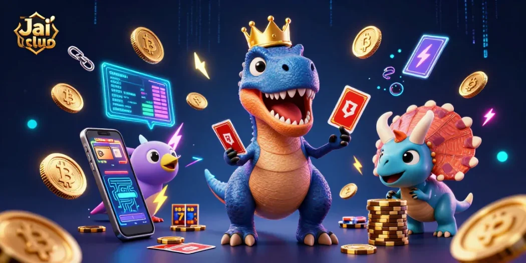 Engage in thrilling gameplay on Jai club with a vibrant scene featuring a T-Rex, pterodactyl, and triceratops amidst exciting casino elements.