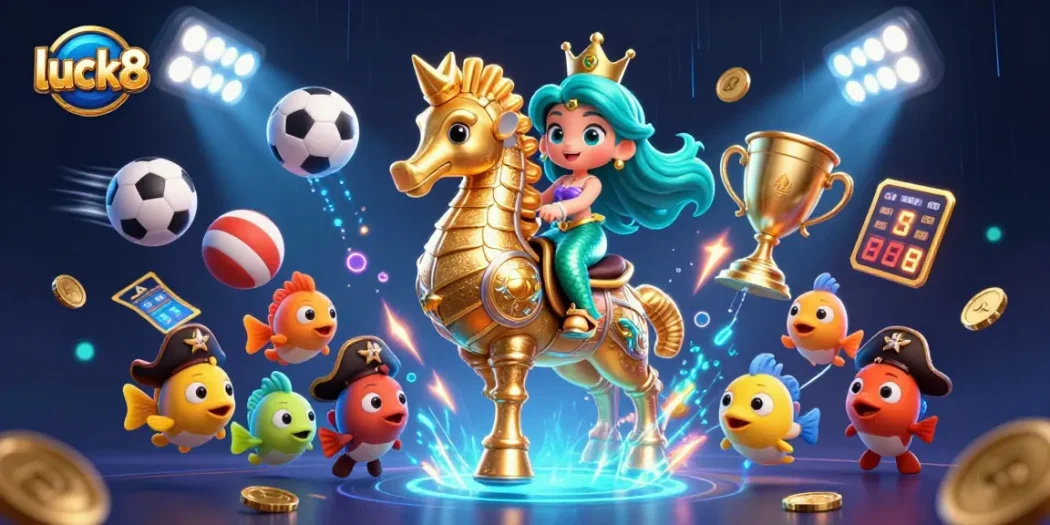 Join the luck8 adventure with a vibrant casino-themed illustration featuring a mermaid princess, seahorse, and sports elements.