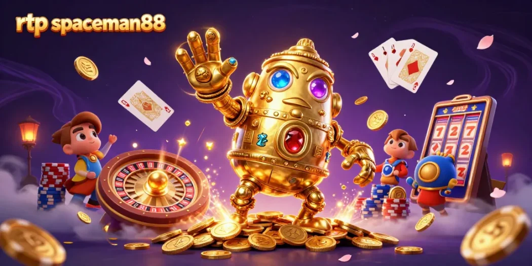 Experience the thrill of rtp spaceman88 with captivating scenes of golden golems and sparkling casino elements.