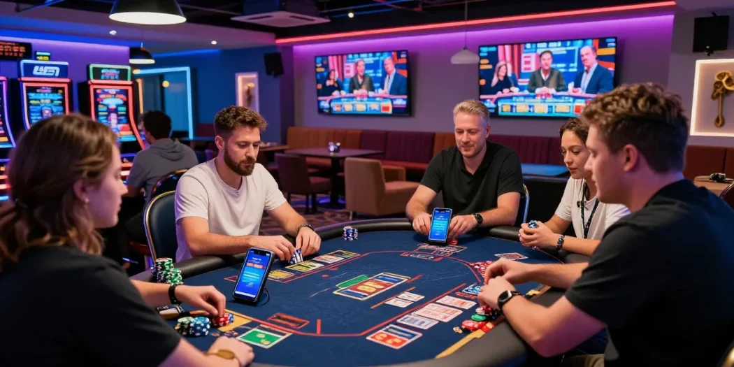 players enjoying online casinos that accept credit cards in a vibrant gaming lounge