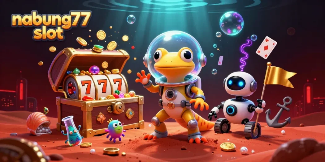 Experience the excitement of nabung77 slot with a Martian gecko uncovering treasures in a golden casino!