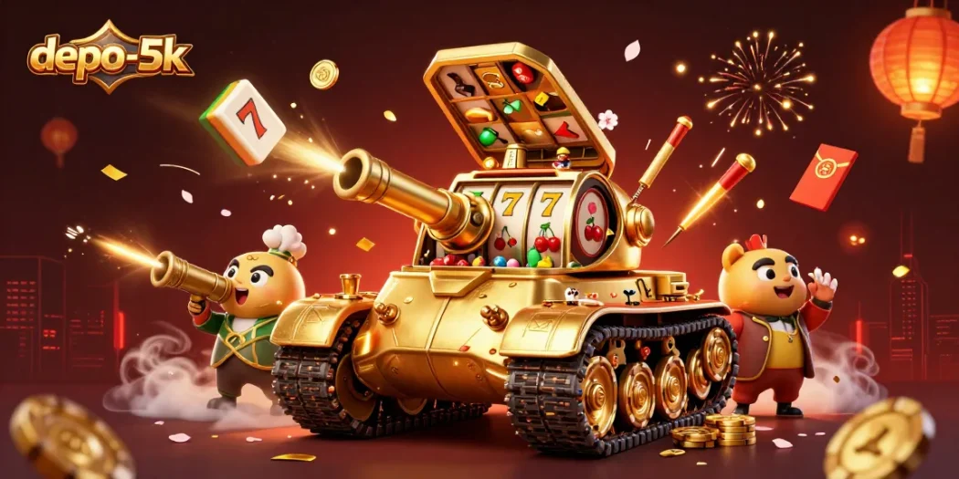 Experience the excitement of depo-5k with a vibrant casino-themed illustration featuring engaging gameplay elements.