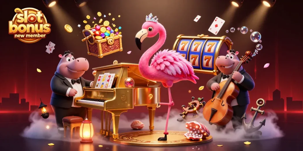 Win big with slot bonus new member in this vibrant casino scene featuring animated characters.