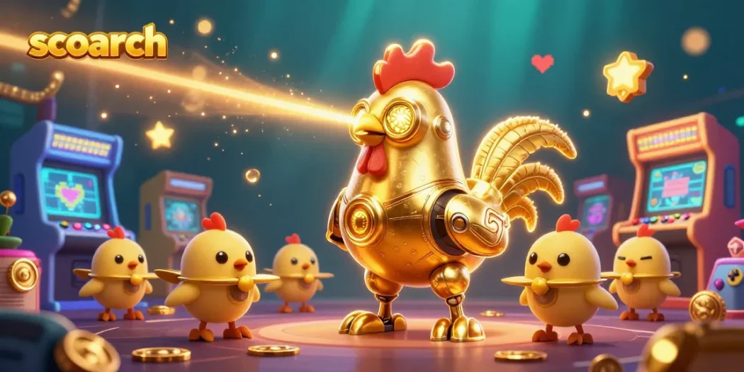 Scoarch showcases an exciting gaming atmosphere with a golden rooster robot and vibrant casino elements.