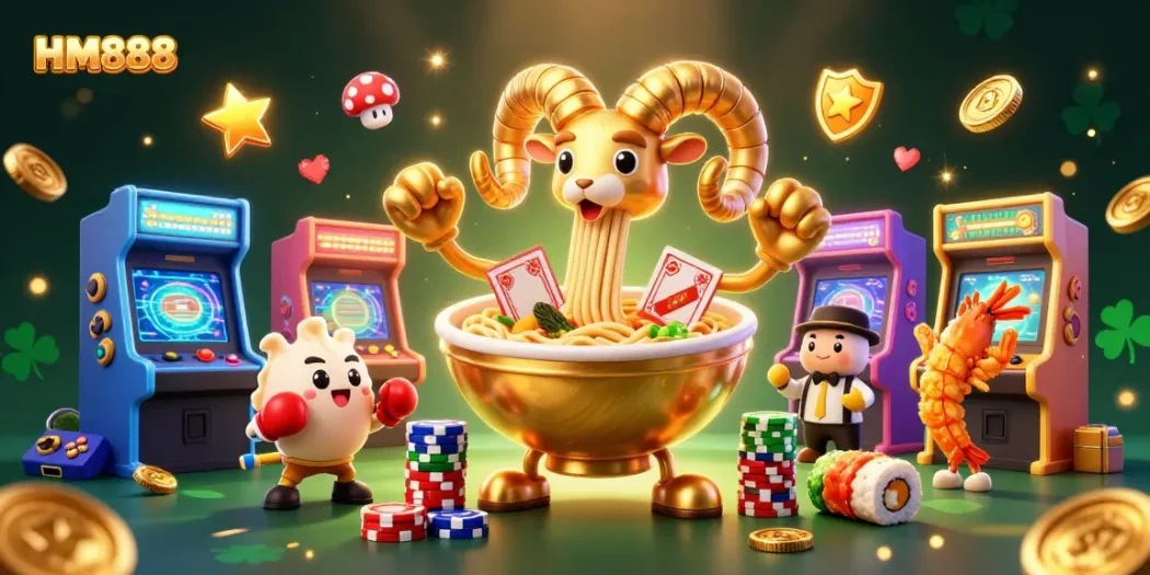 Engage with the exciting HM888 gambling scene featuring quirky characters and vibrant casino elements in a dynamic setting.