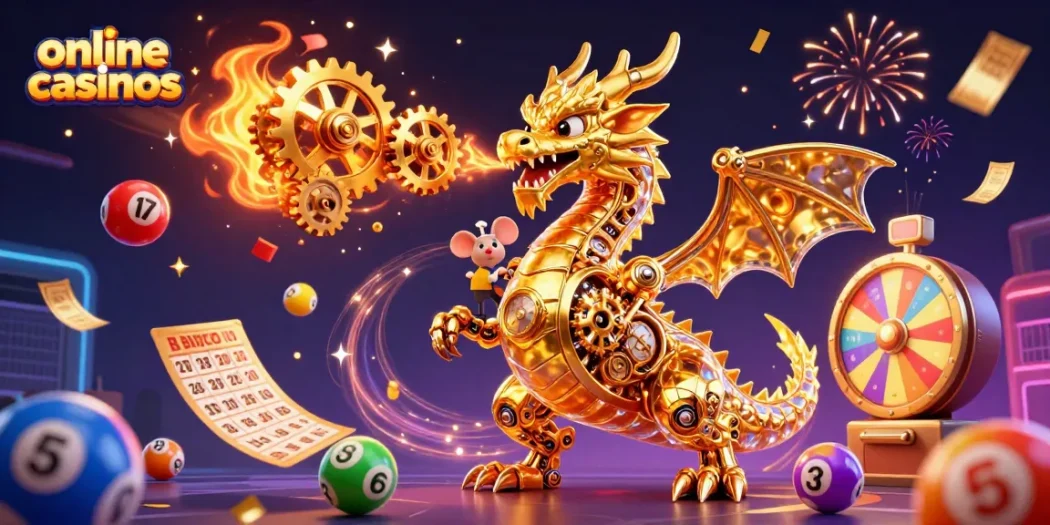 Engage with online casinos through vibrant lottery elements and a dynamic golden dragon scene