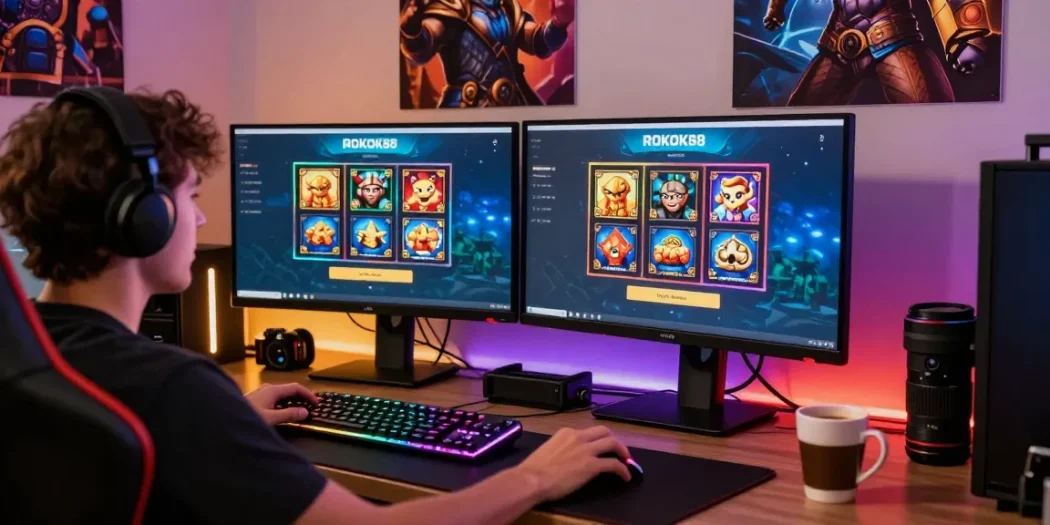 Player at ROKOK88 login screen with vibrant gaming setup and dual monitors.