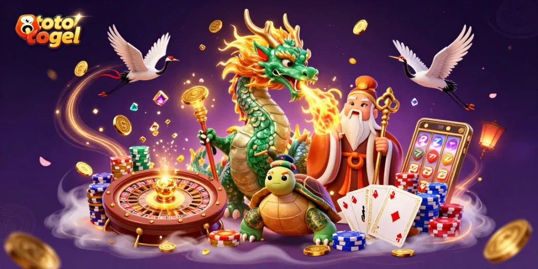 Toto togel image showcasing the mesmerizing emerald dragon, lucky cranes, and vibrant casino elements.