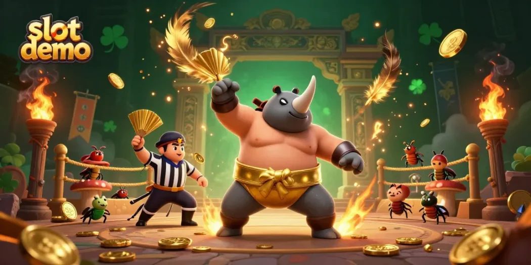Experience an engaging slot demo with dynamic characters, gold coins flying, and vibrant casino elements.