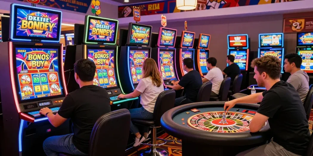 uk casinos not on gamstop vibrant gaming scene with players enjoying Bonus Buy slots and live dealer roulette