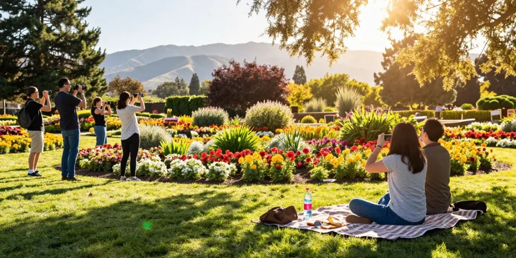 A traveler enjoying colorful flowers at https://www.thecapayvalleygardentour.com during a sunny day, capturing the beauty of nature.