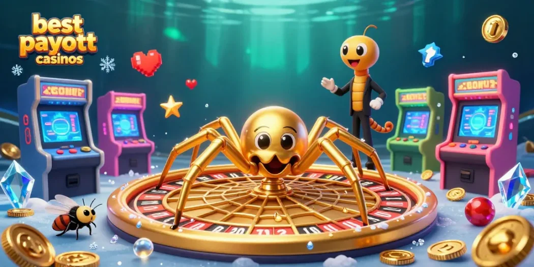 Engage with the best payout casinos as a golden spider spins a roulette wheel web.