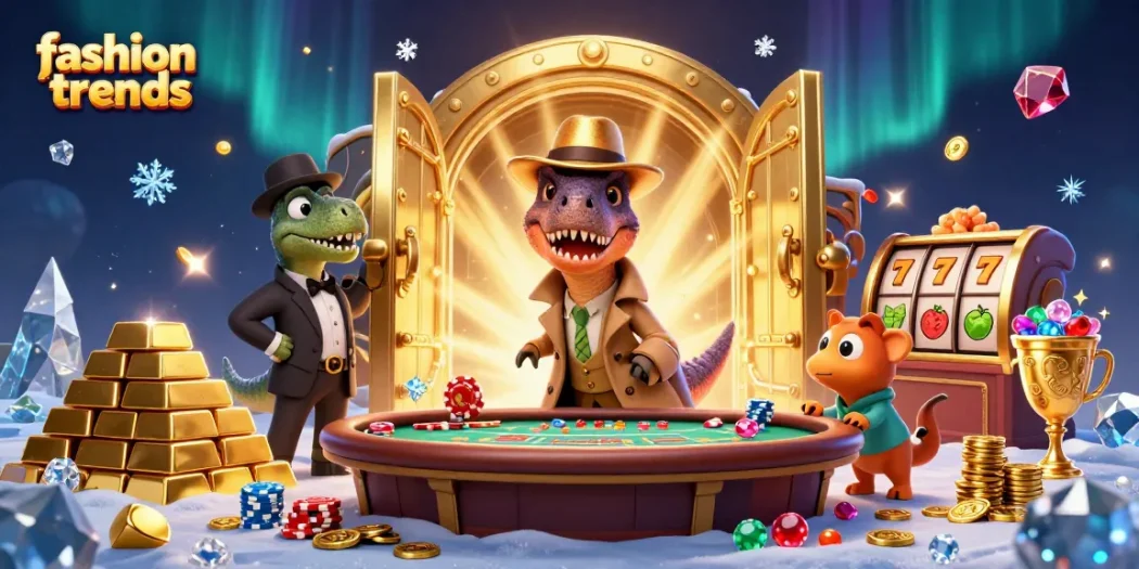 Experience fashion trends at this casino illustration featuring a velociraptor card counter and rich game elements.