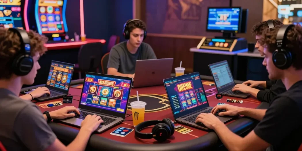 Explore online casinos that accept credit cards from an engaging gaming scene with diverse players enjoying modern gaming setups.